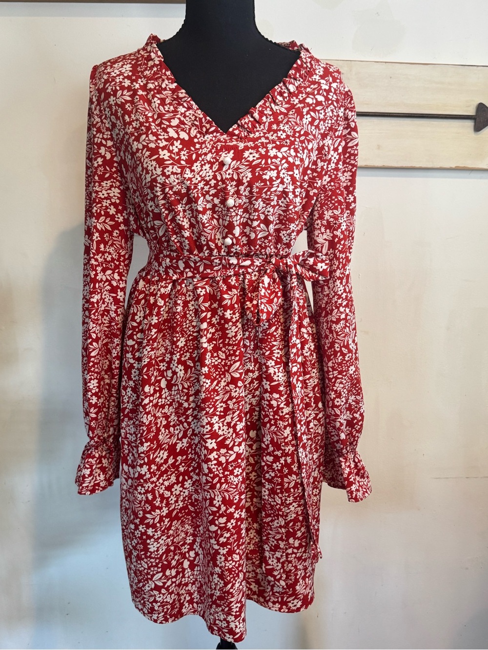 SHEIN Red and White Floral Long-Sleeve Wrap Dress